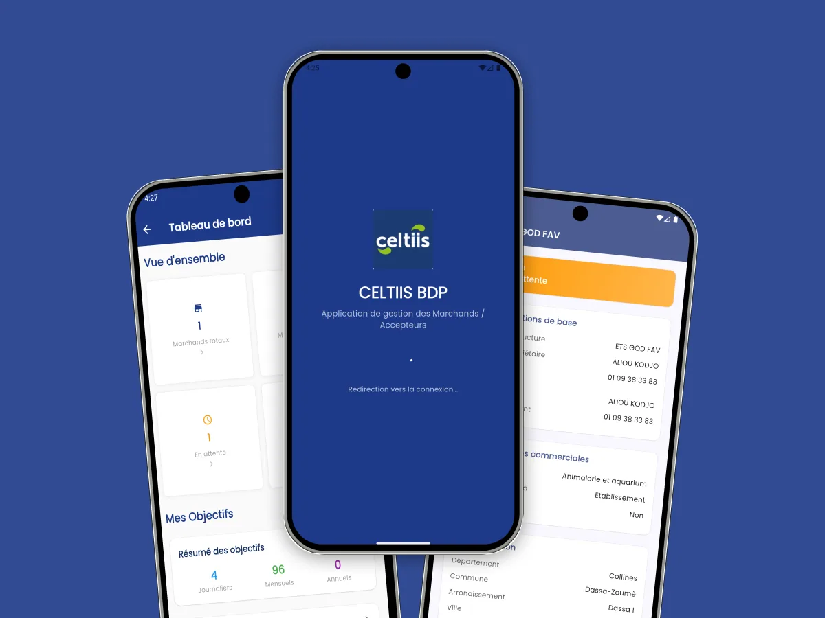 Aperçu de l'app Celtiis BDP - gestion des marchands Celtiis Bénin