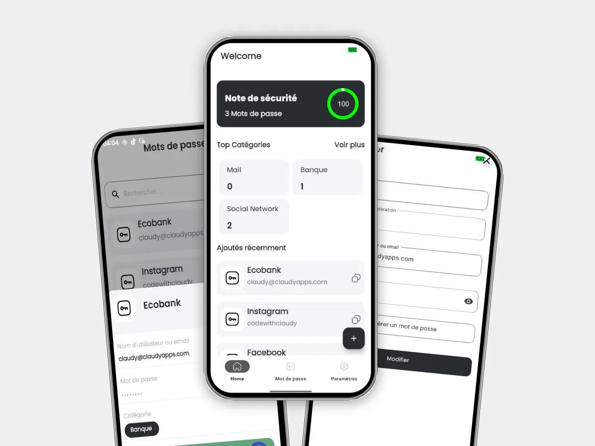 Aperçu de l'app Passblock - gestionnaire de mots de passe chiffré